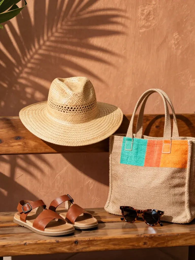 Sombrero de palma, sandalias de cuero y bolso de yute sobre un banco de madera