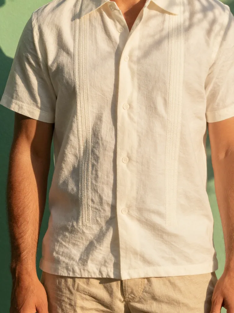 Guayabera blanca en un modelo adulto, encuadre de hombros a cintura sin rostro