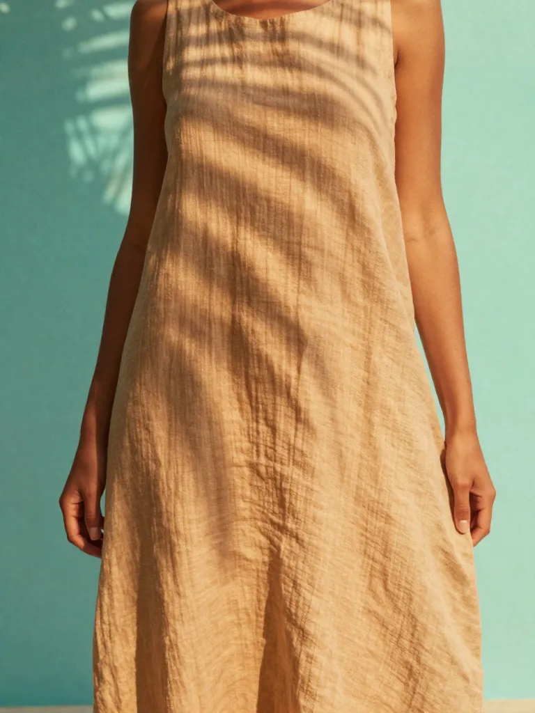 Vestido de lino en una modelo adulta, encuadre desde los hombros sin rostro