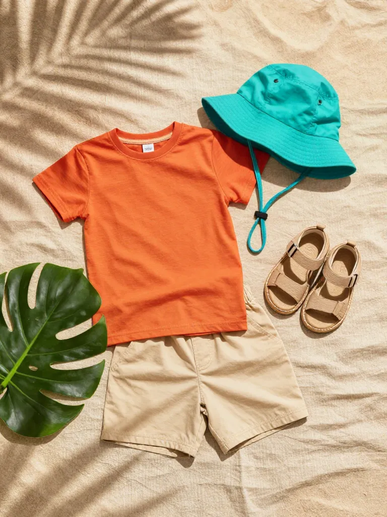 Ropa infantil de algodón y gorro UV extendidos sobre una tela clara, sin personas